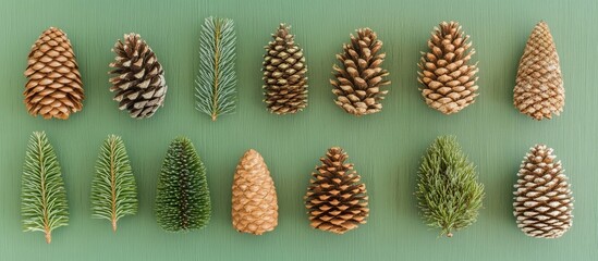 Aufkleber - Artistic flat lay of pine cones and fir branches arranged on a green wooden background showcasing natural textures and holiday spirit
