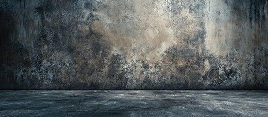 Poster - Grungy textured wall with dark hues and wet floor, empty space in center ideal for displaying art or photographs in a gallery setting