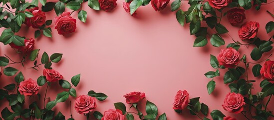 Aufkleber - Elegant frame of vibrant red roses and lush green leaves on a soft pink background creating a charming springtime composition with ample copyspace