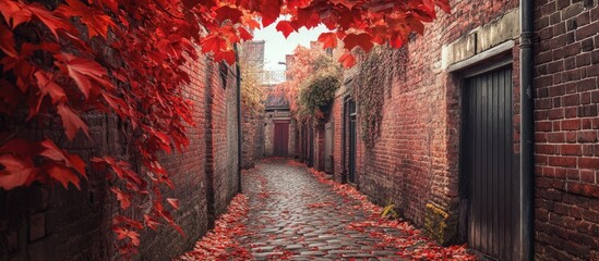 Fototapete - Charming autumn alley filled with vibrant red leaves, cobblestone path, rustic brick walls framed by lush greenery under a serene sky.