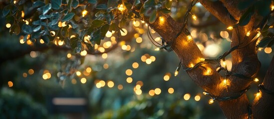 Poster - Warm glowing Christmas lights draped on lush green tree branches with a soft bokeh background creating a festive and cozy ambiance.