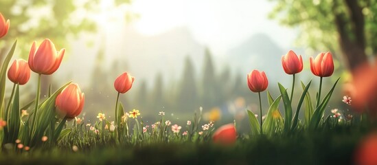 Leinwandbilder - Vibrant spring landscape featuring pink tulips in the foreground with lush greenery and soft sunlight illuminating distant mountains in a serene setting.