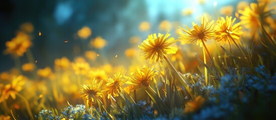 Poster - Vibrant field of yellow dandelions in soft focus with a blue flower accent illuminated by gentle sunlight in a serene outdoor setting