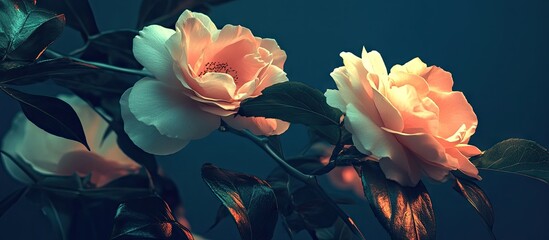 Aufkleber - Soft pink roses gently illuminated with warm tones against a rich teal background, showcasing delicate petals and lush green leaves.