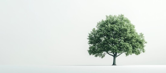 Poster - Lush green tree on white background positioned centrally with soft shadows creating depth emphasizing isolation and tranquility in nature.