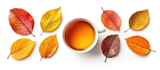 Leinwandbilder - Autumn arrangement featuring a warm tea cup in the center surrounded by orange, yellow, and red leaves against a clean white background