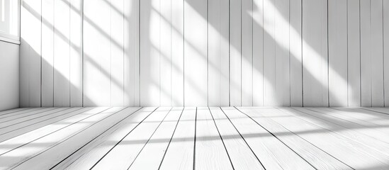 Fototapete - Bright white wooden interior with soft light textures and gentle shadows creating a serene minimalist ambiance for a tranquil aesthetic appeal.