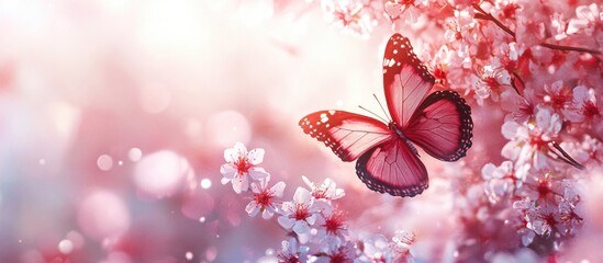 Fototapete - Delicate pink cherry blossoms in foreground with vibrant butterfly amid blurred soft pastel background creating serene spring ambiance