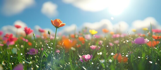 Leinwandbilder - Vibrant multicolored flowers in a lush green meadow under a bright blue sky with soft bokeh effect creating a serene sunny atmosphere