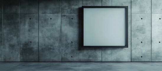 Poster - Blank black picture frame centered on a textured concrete wall, with a spacious gray floor creating a minimalist and modern aesthetic.