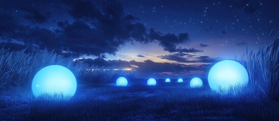 Poster - Blue glowing spheres illuminated at dusk in a serene landscape with tall grass and a starry sky, creating a magical atmosphere.