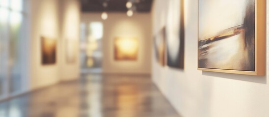Aufkleber - Art gallery interior with blurred foreground and soft-focus paintings framed in gold, warm tones in illuminated space, creating a serene atmosphere.