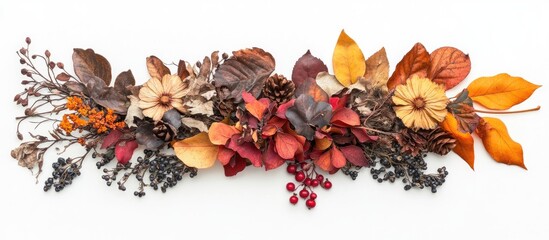 Fototapete - Elegant autumn floral arrangement featuring dried leaves, flowers, and berries in warm shades of orange, red, and brown on a bright white background.