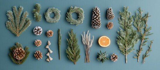 Poster - Flat lay arrangement of Christmas decorations featuring green foliage pinecones and an orange slice on a calming blue backdrop ideal for festive decor inspiration