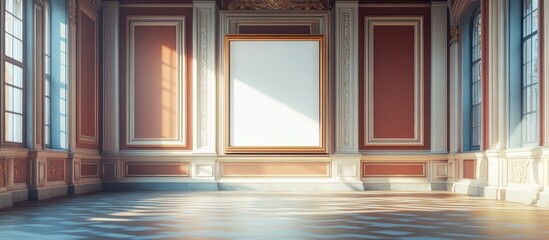 Poster - Elegant gallery interior with natural light illuminating an empty large frame on ornate walls, wooden floor, and large windows, creating an artistic ambiance.