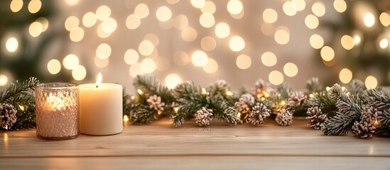 Aufkleber - Candlelit wooden tabletop adorned with frosted garland and pinecones against a warm bokeh backdrop of soft yellow and white hues.