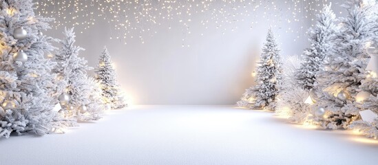 Aufkleber - Festive winter wonderland backdrop with white snow-covered trees and soft spotlight illumination creating a cozy holiday atmosphere.