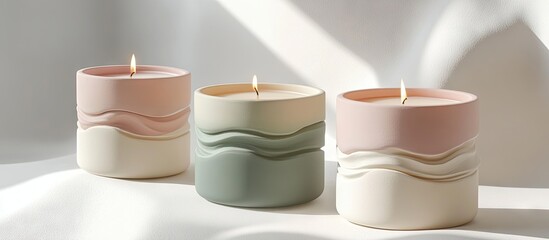 Poster - Elegant trio of ceramic candles in pastel pink, green, and cream colors on a soft fabric backdrop with natural light highlighting their textures.