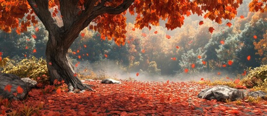 Leinwandbilder - Vibrant autumn landscape featuring a large red maple tree with falling leaves in a peaceful forest park with hues of orange and brown foliage
