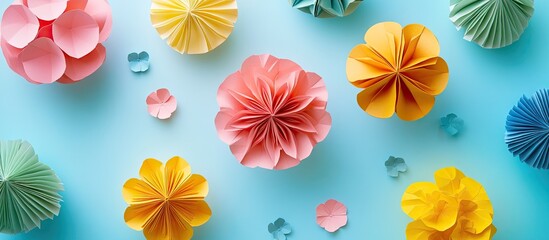 Poster - Colorful paper flowers in various shapes arranged on a light blue background showcasing the beauty of origami craftsmanship and vibrant design.