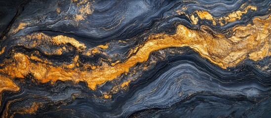 Poster - Elegant black and gold marble texture with deep black swirls and shimmering golden veining in a horizontal format showcasing luxury and sophistication.