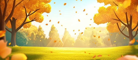 Poster - Vibrant autumn landscape featuring golden-yellow trees with falling leaves, lush green grass, and soft sunlight illuminating a serene park setting.