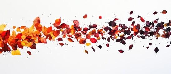Leinwandbilder - Colorful autumn leaves in red, orange, and yellow cascading diagonally against a bright white background emphasizing seasonal transition.