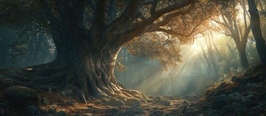 Poster - Majestic beech forest scene showcasing an ancient tree bathed in golden sunlight with ethereal rays illuminating the serene, leafy surroundings.