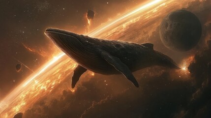 Wall Mural - large whale swimming freely through outer space above a planet