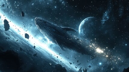 Wall Mural - a giant whale swims through space near asteroids and planets