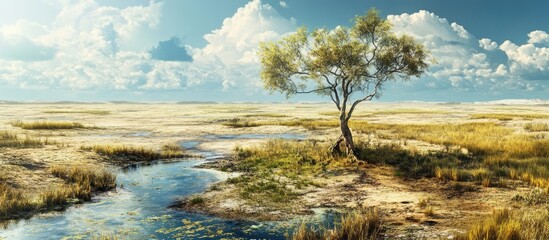 Leinwandbilder - Vibrant green landscape with a solitary tree on the left, flowing stream in the center, under a bright blue sky with fluffy clouds.