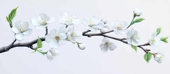 Poster - Delicate white sakura flowers on slender branches with vibrant green leaves against a soft pastel background showcasing spring's beauty.