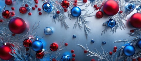 Poster - Festive Christmas decorations in red and blue hues atop a shimmering silver background with intricate silver foliage creating a vibrant atmosphere.