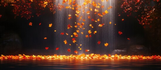 Leinwandbilder - Autumn landscape featuring vibrant yellow and red maple leaves cascading down against a serene dark backdrop with a tranquil water reflection.