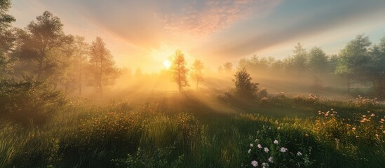 Poster - Serene sunrise landscape featuring vibrant sunlight streaming through lush green trees, illuminating a meadow filled with wildflowers and soft mist.