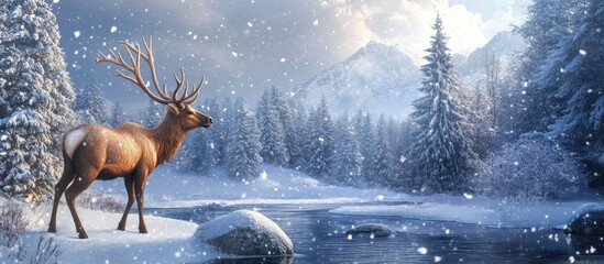Aufkleber - Christmas elk standing by a snowy river surrounded by frosted pine trees and mountains under a soft blue sky and gentle snowfall atmosphere