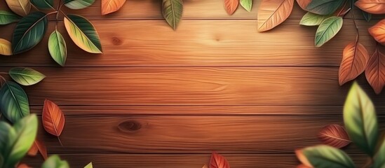Poster - Autumn leaves in warm tones of orange and green framing a rustic wooden background with ample copy space in the center for text.
