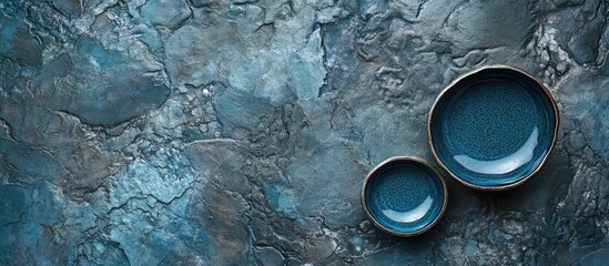 Leinwandbilder - Bird's eye view of two stone crockery pieces showcasing a stunning silver sapphire glaze, with a textured blue surface background.