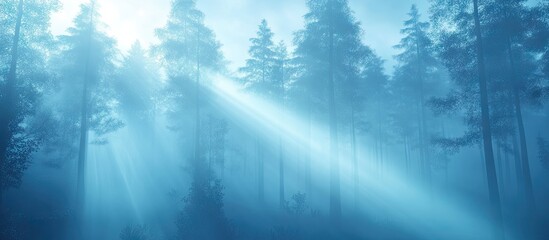 Fototapete - Blue light rays illuminate a misty forest scene with tall, dark trees in the foreground while ethereal fog creates a tranquil atmosphere.