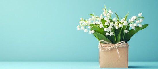 Aufkleber - Lily of the valley flowers in a kraft box on the right side of a light blue background with space for text on the left side