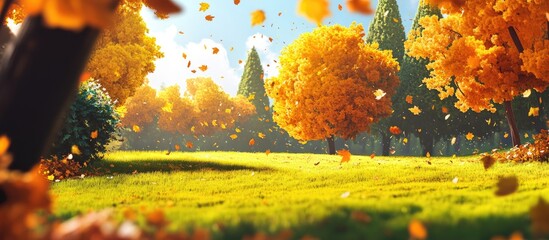 Leinwandbilder - Vibrant autumn landscape featuring golden-yellow trees on the left, lush green grass in the foreground, and a bright sunlit sky in the background.