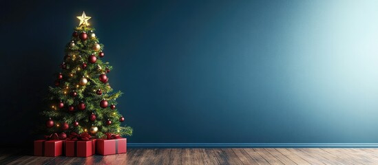 Poster - Cozy Christmas home interior featuring beautifully decorated green tree with golden star and red presents against a softly lit blue wall.