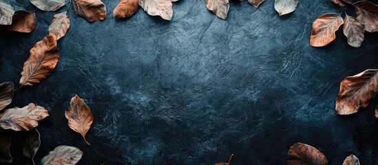 Leinwandbilder - Frozen autumn leaves scattered on a dark textured background with a moody blue tone creating a beautiful natural wallpaper effect.