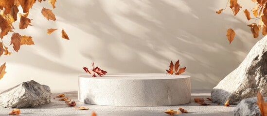Leinwandbilder - Minimalistic podium display showcasing autumn leaves with natural stone elements and a soft beige background creating a warm inviting atmosphere.