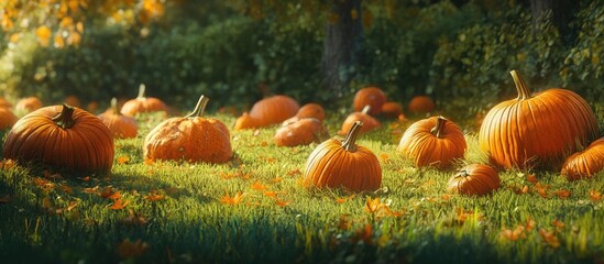 Leinwandbilder - Vibrant orange pumpkins scattered across lush green grass create a picturesque autumn scene with warm sunlight illuminating the composition