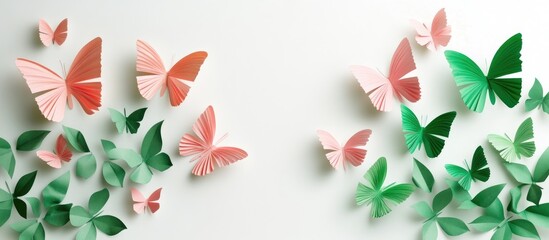 Aufkleber - Colorful flat lay of pink and green paper butterflies arranged artistically against a soft white background with ample copy space for text.