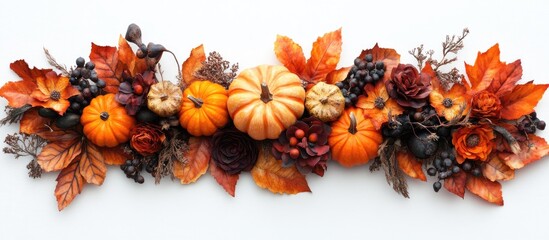Poster - Autumn flat lay featuring vibrant orange pumpkins, dried leaves in warm hues, and dark berries arranged symmetrically against a white background.