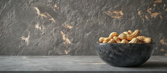 Poster - Bowl filled with roasted peanuts resting on a dark grey textured surface with natural stone patterns in the background, enhancing the rustic feel.