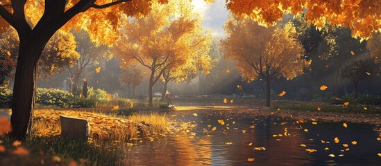 Leinwandbilder - Serene autumn landscape featuring vibrant yellow trees reflecting in a tranquil pond with falling leaves in warm golden sunlight.