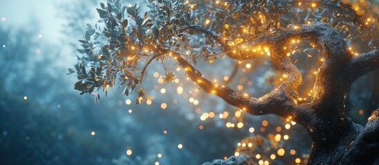 Aufkleber - Illuminated tree branches with warm yellow Christmas lights against a backdrop of soft blue night sky and subtle snowfall, creating a festive ambiance.